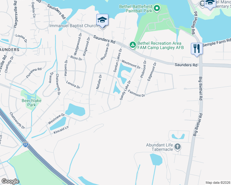 map of restaurants, bars, coffee shops, grocery stores, and more near 59 Sanlun Lakes Drive in Hampton