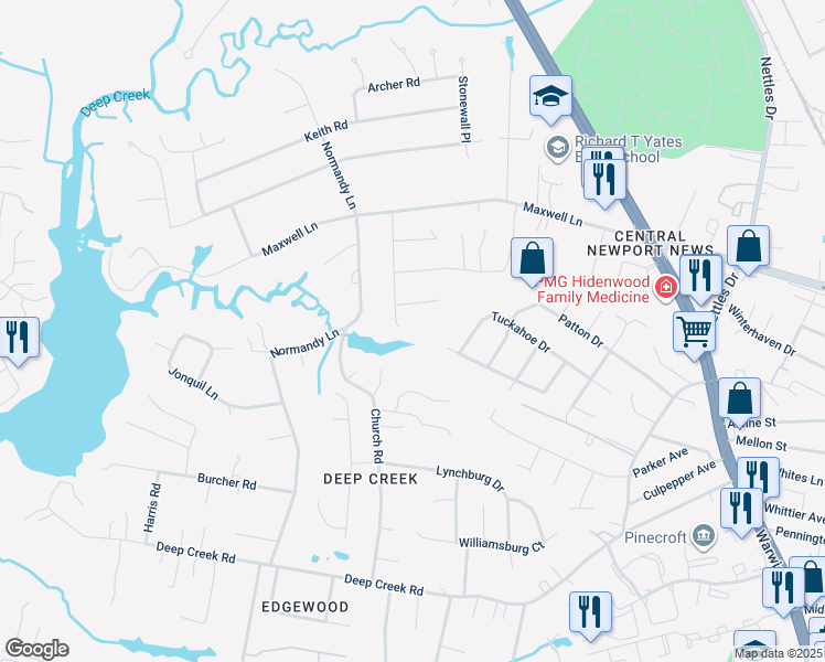map of restaurants, bars, coffee shops, grocery stores, and more near 47 Indian Springs Drive in Newport News