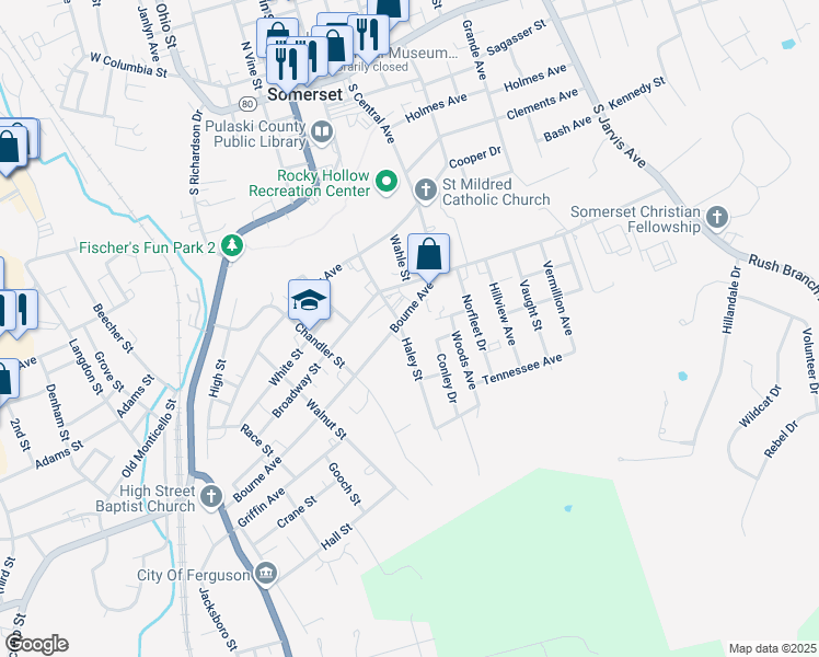 map of restaurants, bars, coffee shops, grocery stores, and more near 501-599 Haley St in Somerset