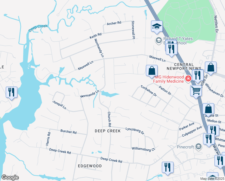 map of restaurants, bars, coffee shops, grocery stores, and more near 34 Mammoth Oak Road in Newport News