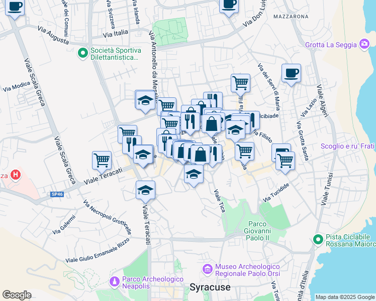 map of restaurants, bars, coffee shops, grocery stores, and more near 13 Via Francesco Laurana in Syracuse