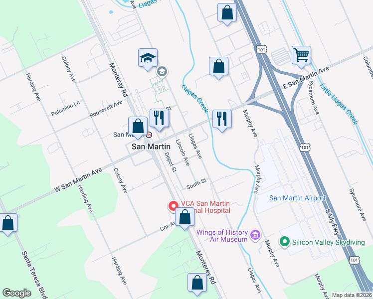 map of restaurants, bars, coffee shops, grocery stores, and more near 13215 Llagas Avenue in San Martin