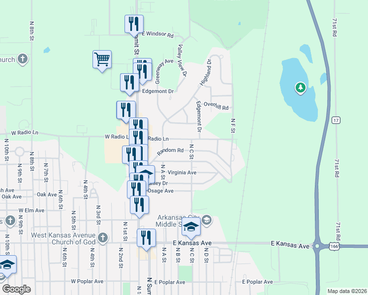 map of restaurants, bars, coffee shops, grocery stores, and more near 229-235 Random Road in Arkansas City