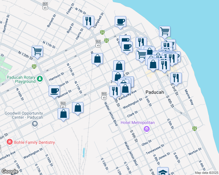 map of restaurants, bars, coffee shops, grocery stores, and more near 151 North 9th Street in Paducah
