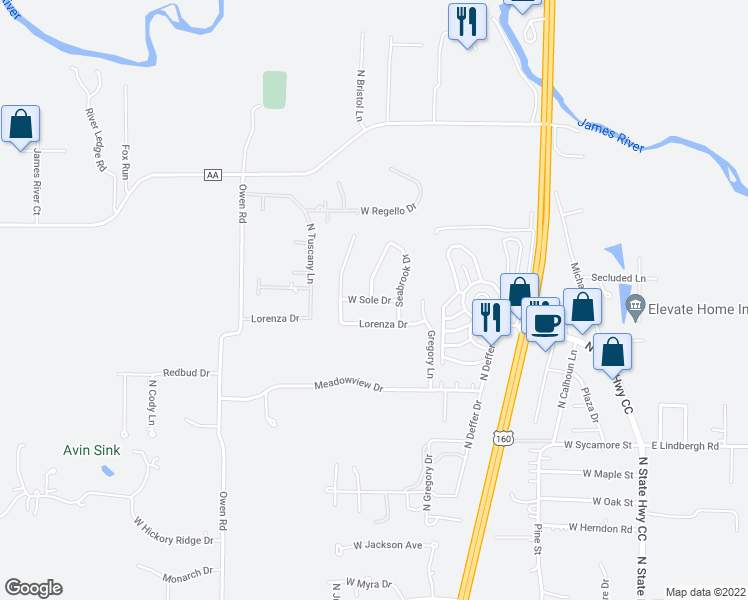 map of restaurants, bars, coffee shops, grocery stores, and more near 852 West Sole Drive in Nixa