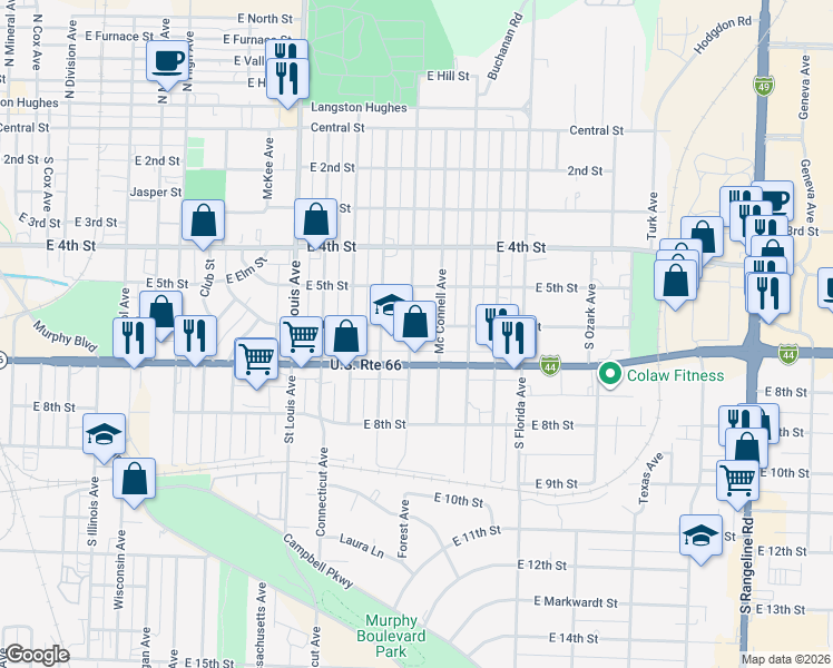 map of restaurants, bars, coffee shops, grocery stores, and more near 610 Forest Avenue in Joplin