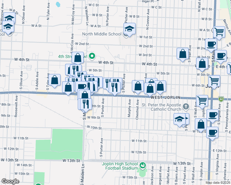 map of restaurants, bars, coffee shops, grocery stores, and more near 1115-1199 W 7th St in Joplin