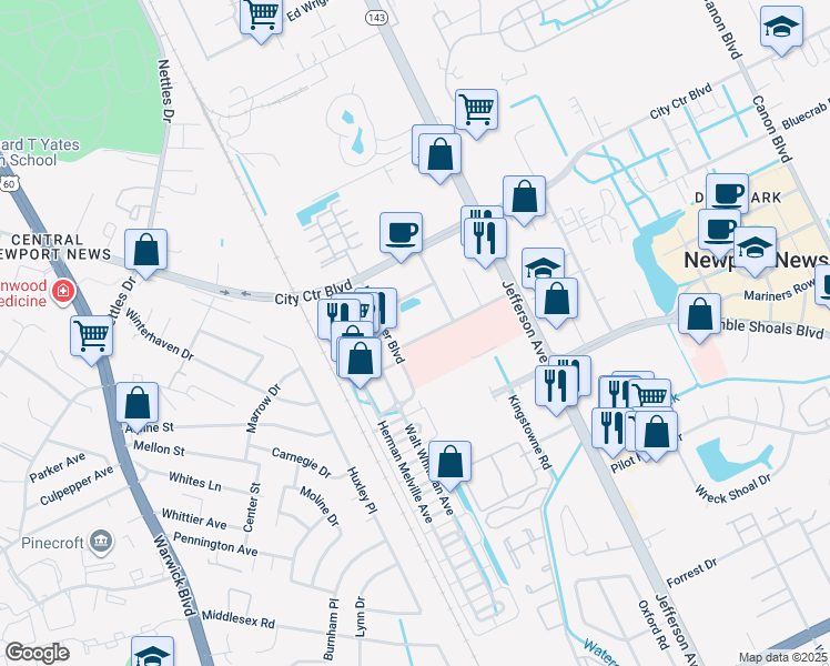 map of restaurants, bars, coffee shops, grocery stores, and more near 230 Nat Turner Boulevard in Newport News