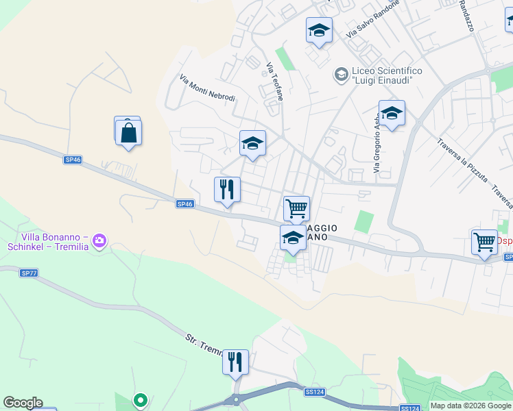 map of restaurants, bars, coffee shops, grocery stores, and more near Via Monte Soro in Syracuse