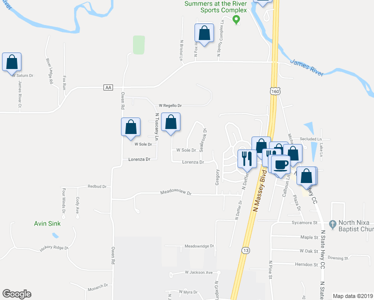 map of restaurants, bars, coffee shops, grocery stores, and more near West Sole Drive in Nixa