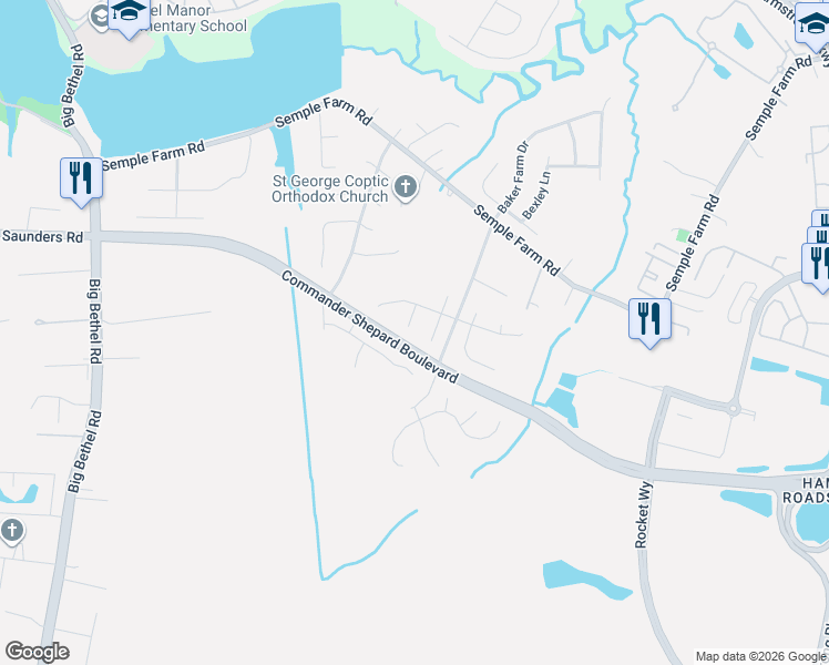 map of restaurants, bars, coffee shops, grocery stores, and more near 12 Andalusia Court in Hampton
