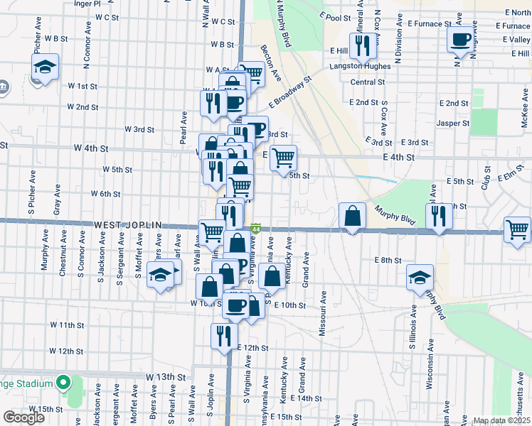 map of restaurants, bars, coffee shops, grocery stores, and more near 215 E 7th St in Joplin