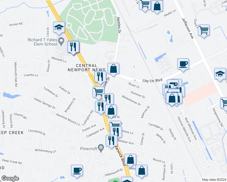 map of restaurants, bars, coffee shops, grocery stores, and more near 8 Leo Court in Newport News