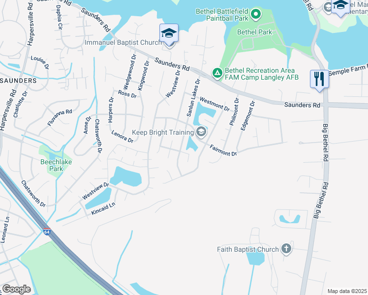 map of restaurants, bars, coffee shops, grocery stores, and more near 57 Sanlun Lakes Drive in Hampton