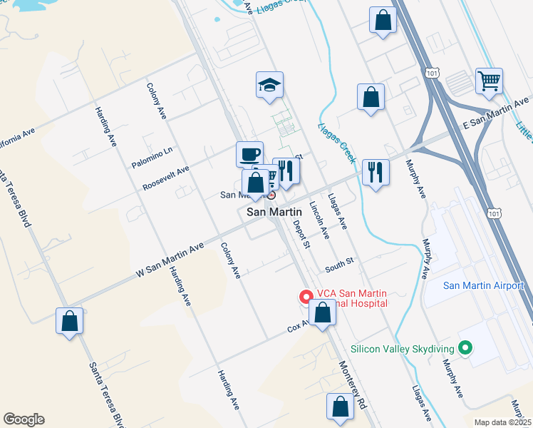 map of restaurants, bars, coffee shops, grocery stores, and more near Monterey Rd & W San Martin Ave in San Martin