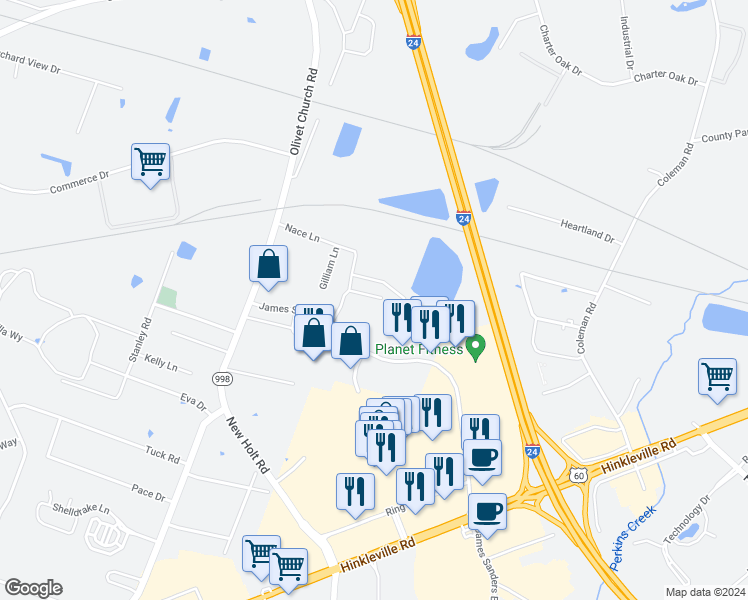 map of restaurants, bars, coffee shops, grocery stores, and more near 4547 Nace Lane in Paducah