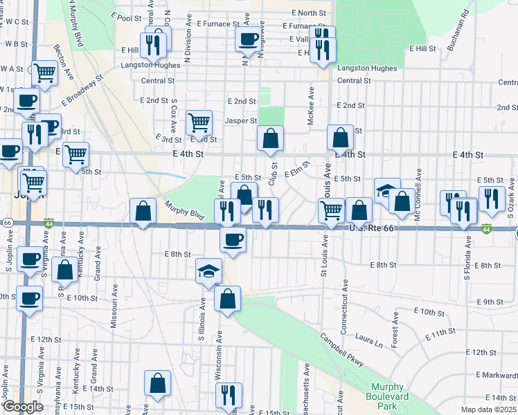 map of restaurants, bars, coffee shops, grocery stores, and more near 610 Club Street in Joplin