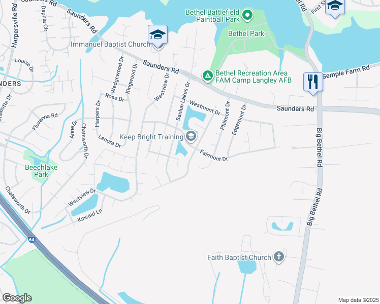 map of restaurants, bars, coffee shops, grocery stores, and more near 48 Sandy Lake Drive in Hampton