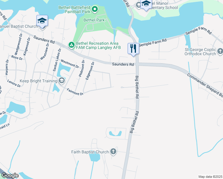 map of restaurants, bars, coffee shops, grocery stores, and more near 99 Fairmont Drive in Hampton