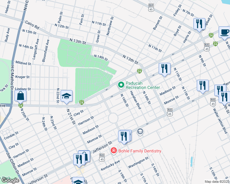 map of restaurants, bars, coffee shops, grocery stores, and more near 1600-1672 U.S. 60 Business in Paducah