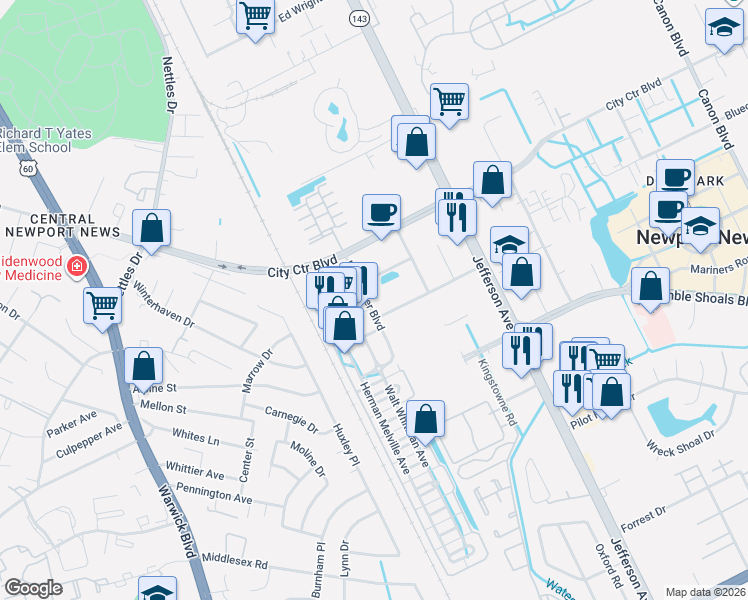 map of restaurants, bars, coffee shops, grocery stores, and more near 1085 Loftis Boulevard in Newport News