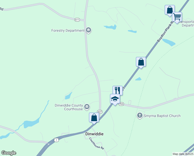 map of restaurants, bars, coffee shops, grocery stores, and more near Courthouse Road in Dinwiddie