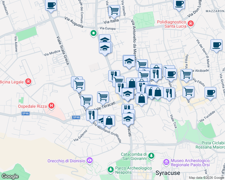 map of restaurants, bars, coffee shops, grocery stores, and more near 26 Viale Santa Panagia in Siracusa
