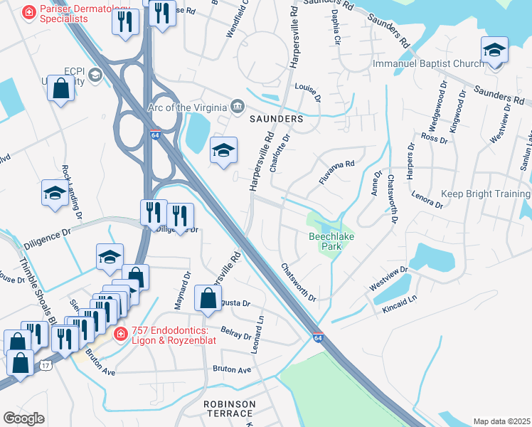 map of restaurants, bars, coffee shops, grocery stores, and more near 830 Olive Drive in Newport News