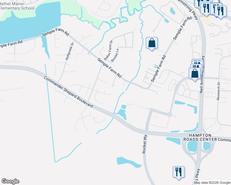 map of restaurants, bars, coffee shops, grocery stores, and more near 2 Clydesdale Court in Hampton