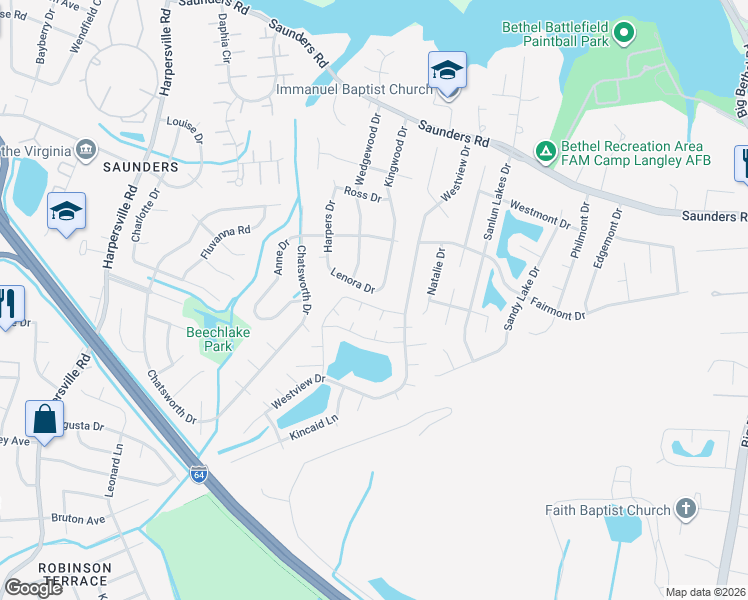 map of restaurants, bars, coffee shops, grocery stores, and more near 33 North Lake Loop in Hampton