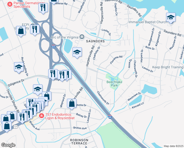 map of restaurants, bars, coffee shops, grocery stores, and more near 830 Olive Drive in Newport News