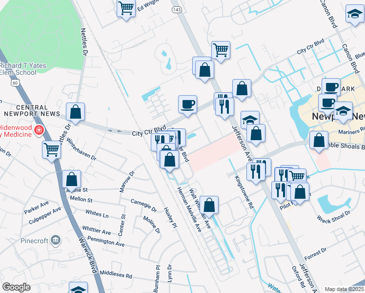 map of restaurants, bars, coffee shops, grocery stores, and more near 1085 Loftis Boulevard in Newport News