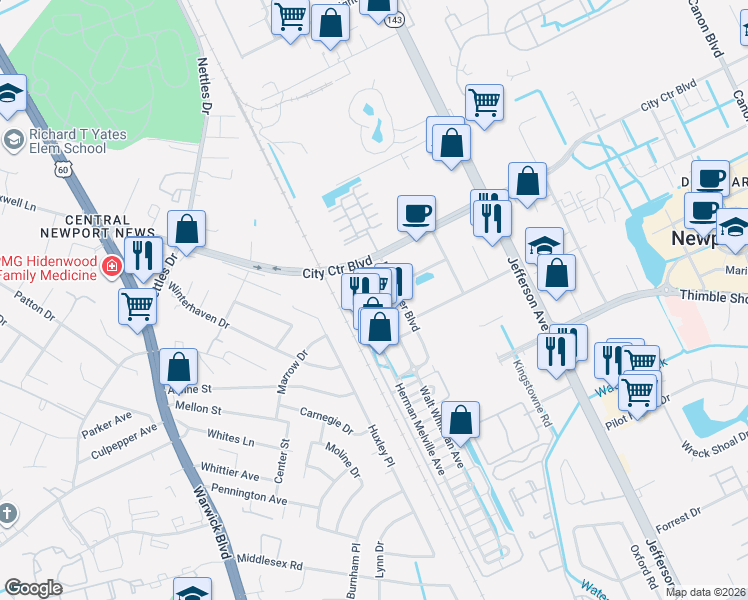 map of restaurants, bars, coffee shops, grocery stores, and more near 4133 Thomas Wolfe Street in Newport News
