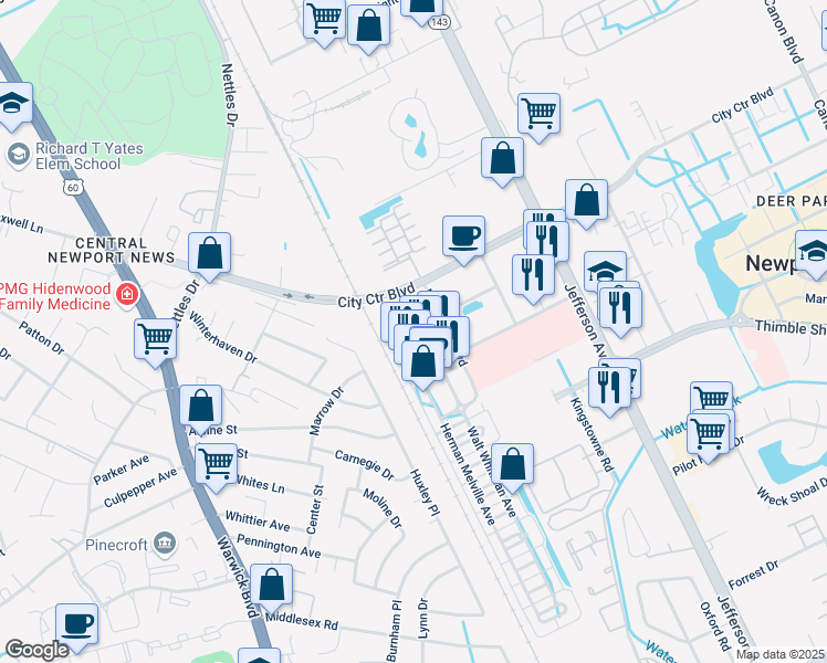 map of restaurants, bars, coffee shops, grocery stores, and more near 4133 Thomas Wolfe Street in Newport News