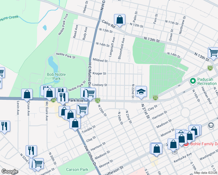 map of restaurants, bars, coffee shops, grocery stores, and more near 752 North 25th Street in Paducah