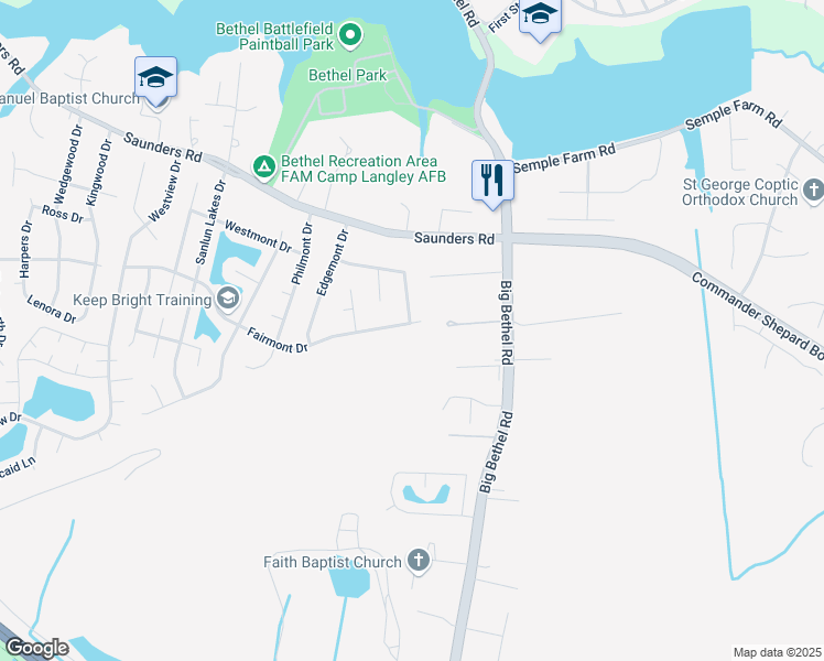 map of restaurants, bars, coffee shops, grocery stores, and more near 99 Fairmont Drive in Hampton