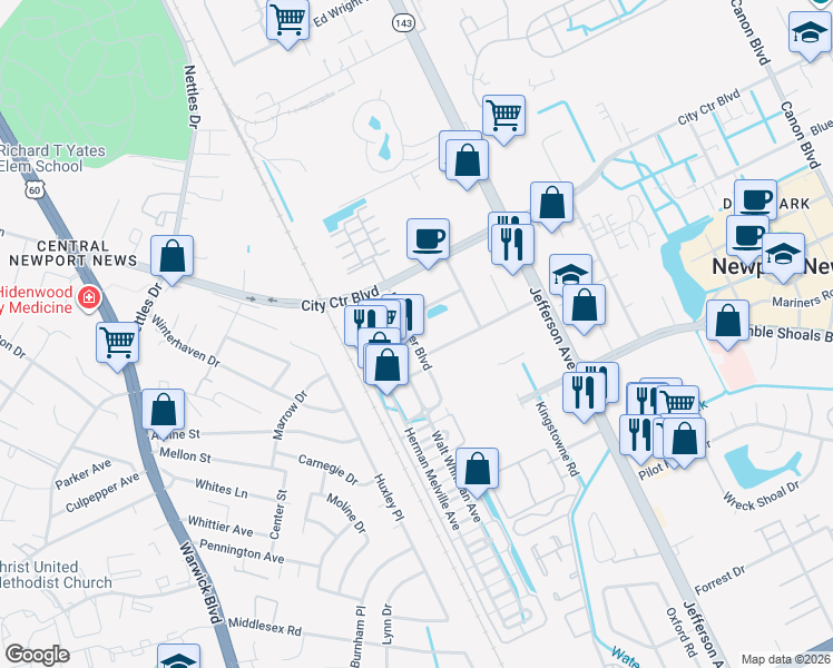 map of restaurants, bars, coffee shops, grocery stores, and more near 1085 Loftis Boulevard in Newport News