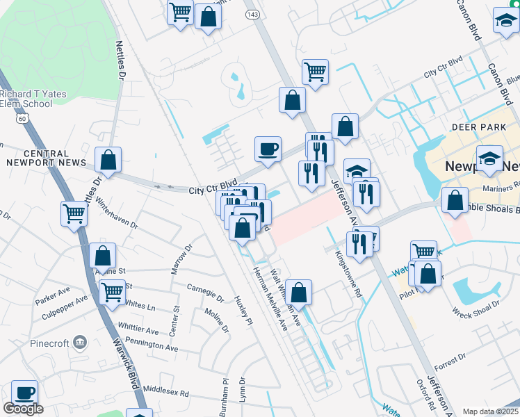 map of restaurants, bars, coffee shops, grocery stores, and more near 230 Nat Turner Boulevard in Newport News