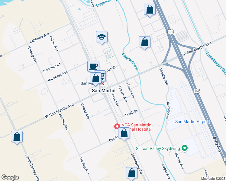 map of restaurants, bars, coffee shops, grocery stores, and more near 13264 Depot Street in San Martin