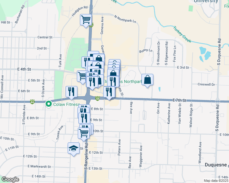 map of restaurants, bars, coffee shops, grocery stores, and more near South geneva Avenue in Joplin