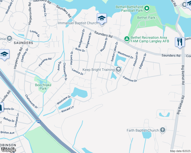 map of restaurants, bars, coffee shops, grocery stores, and more near 16 Natalie Drive in Hampton
