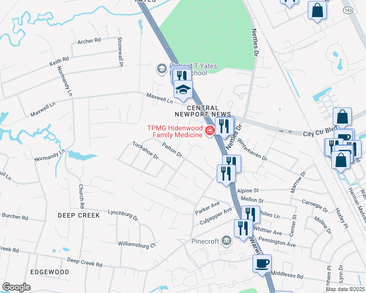 map of restaurants, bars, coffee shops, grocery stores, and more near 97 Kingsbury Drive in Newport News