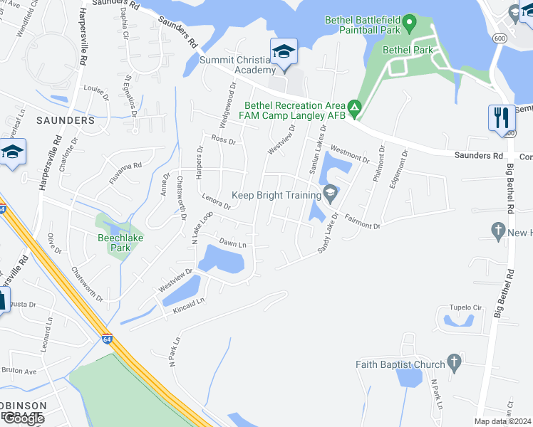 map of restaurants, bars, coffee shops, grocery stores, and more near 16 Natalie Drive in Hampton