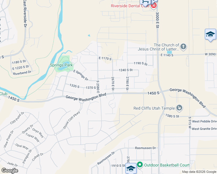 map of restaurants, bars, coffee shops, grocery stores, and more near 2649 East 1400 South Circle in St. George