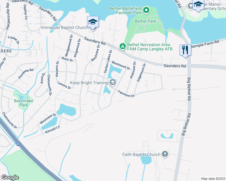 map of restaurants, bars, coffee shops, grocery stores, and more near 42 Sandy Lake Drive in Hampton