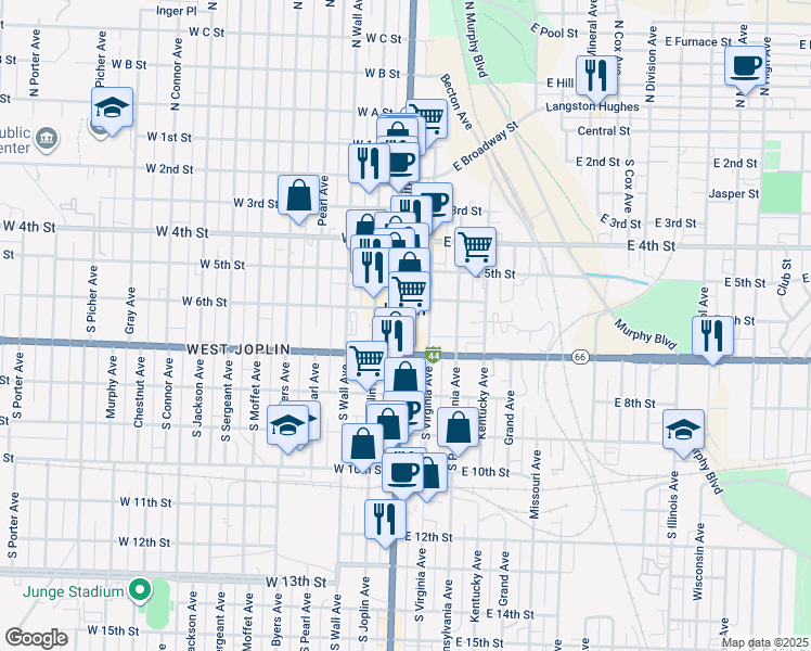 map of restaurants, bars, coffee shops, grocery stores, and more near 611 South Main Street in Joplin