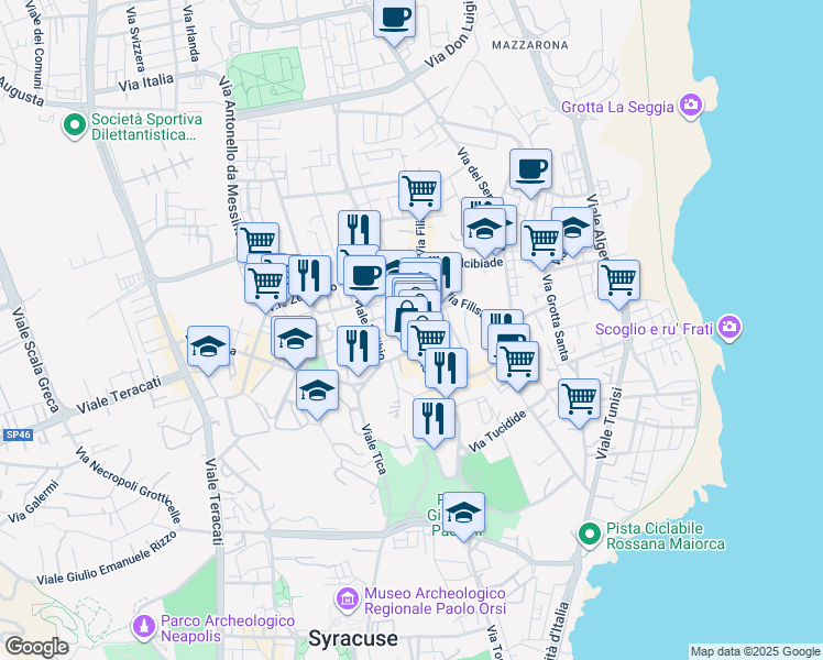 map of restaurants, bars, coffee shops, grocery stores, and more near 96 Via Tisia in Siracusa
