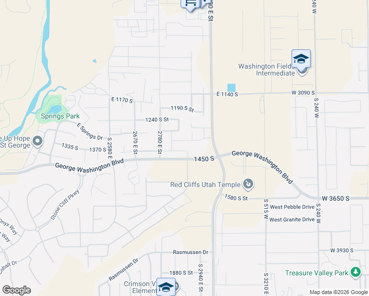 map of restaurants, bars, coffee shops, grocery stores, and more near 2889 East 1400 South in St. George