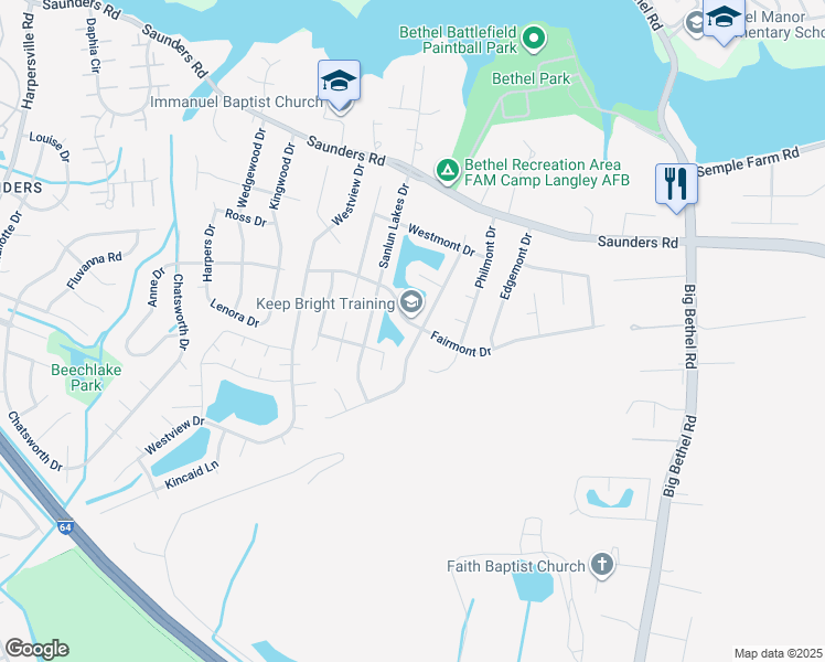 map of restaurants, bars, coffee shops, grocery stores, and more near 42 Sandy Lake Drive in Hampton