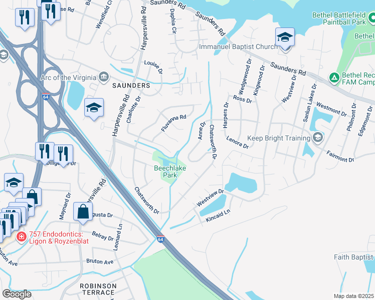 map of restaurants, bars, coffee shops, grocery stores, and more near 227 Anne Drive in Newport News